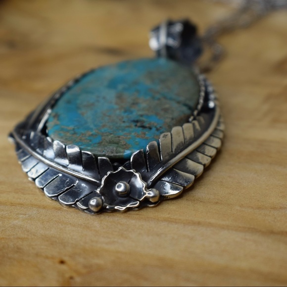 Boho South Western Fern Leaf Sterling Silver & Turquoise Large Pendant 🌿 - Picture 3 of 13